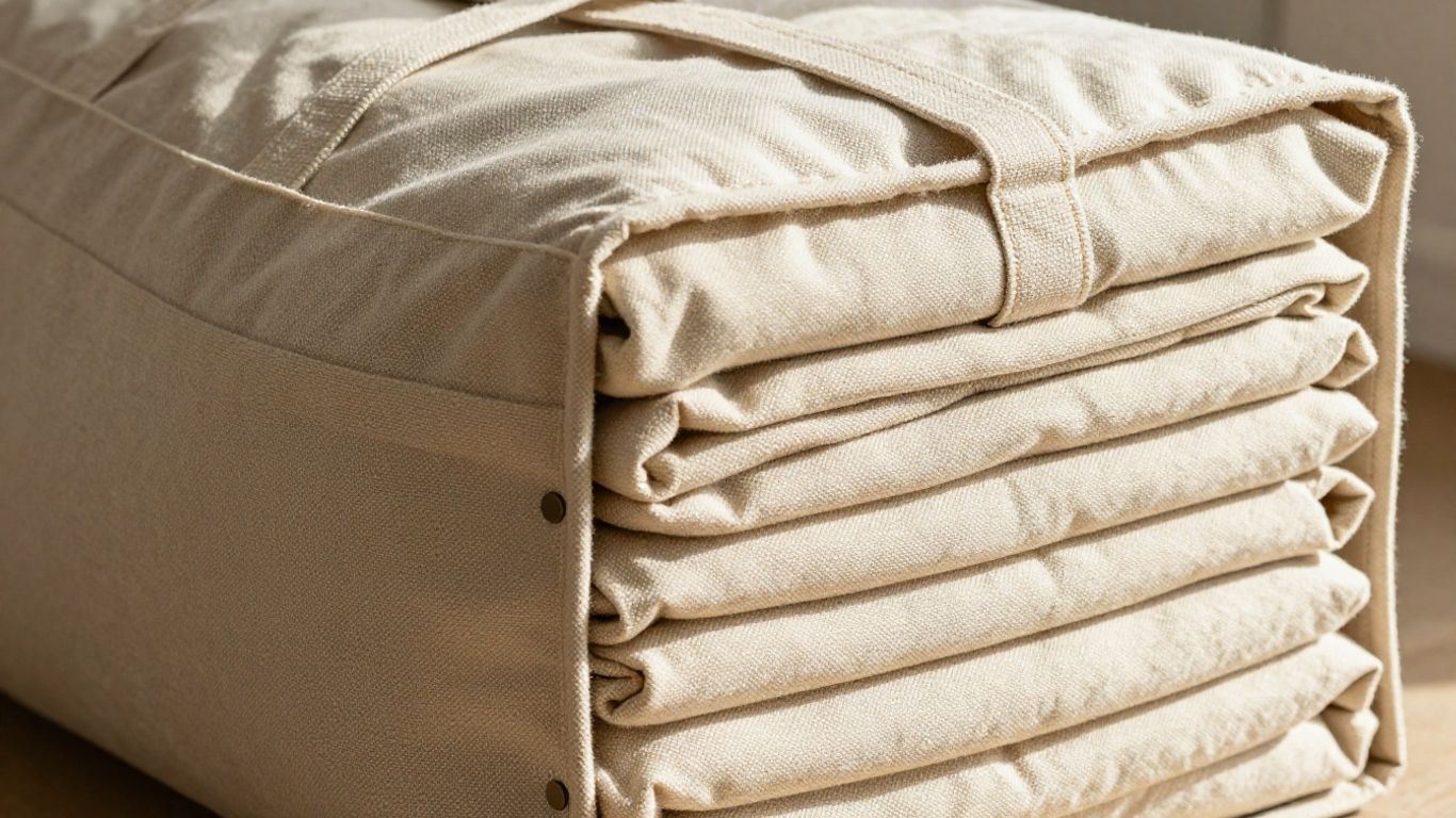 Durable canvas storage bag filled with blankets