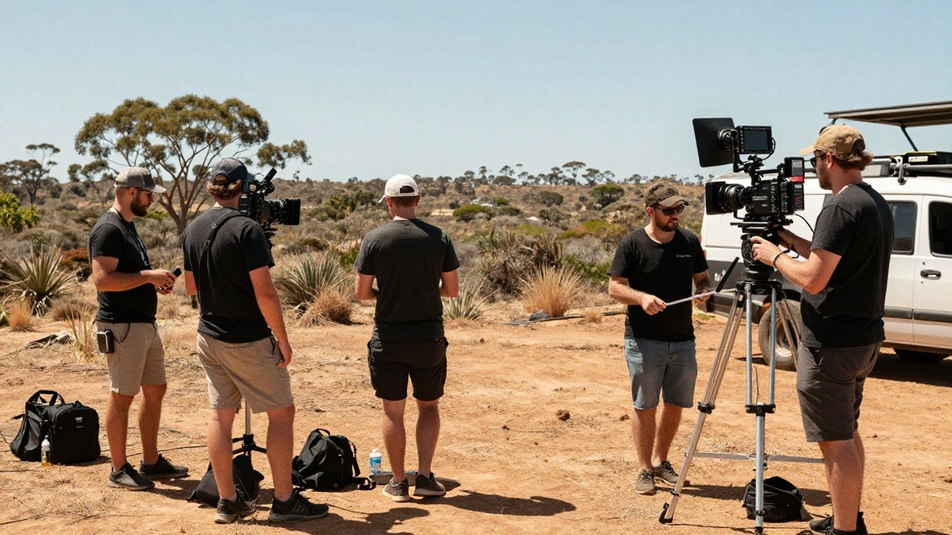 Australian film crew capturing production video on location.