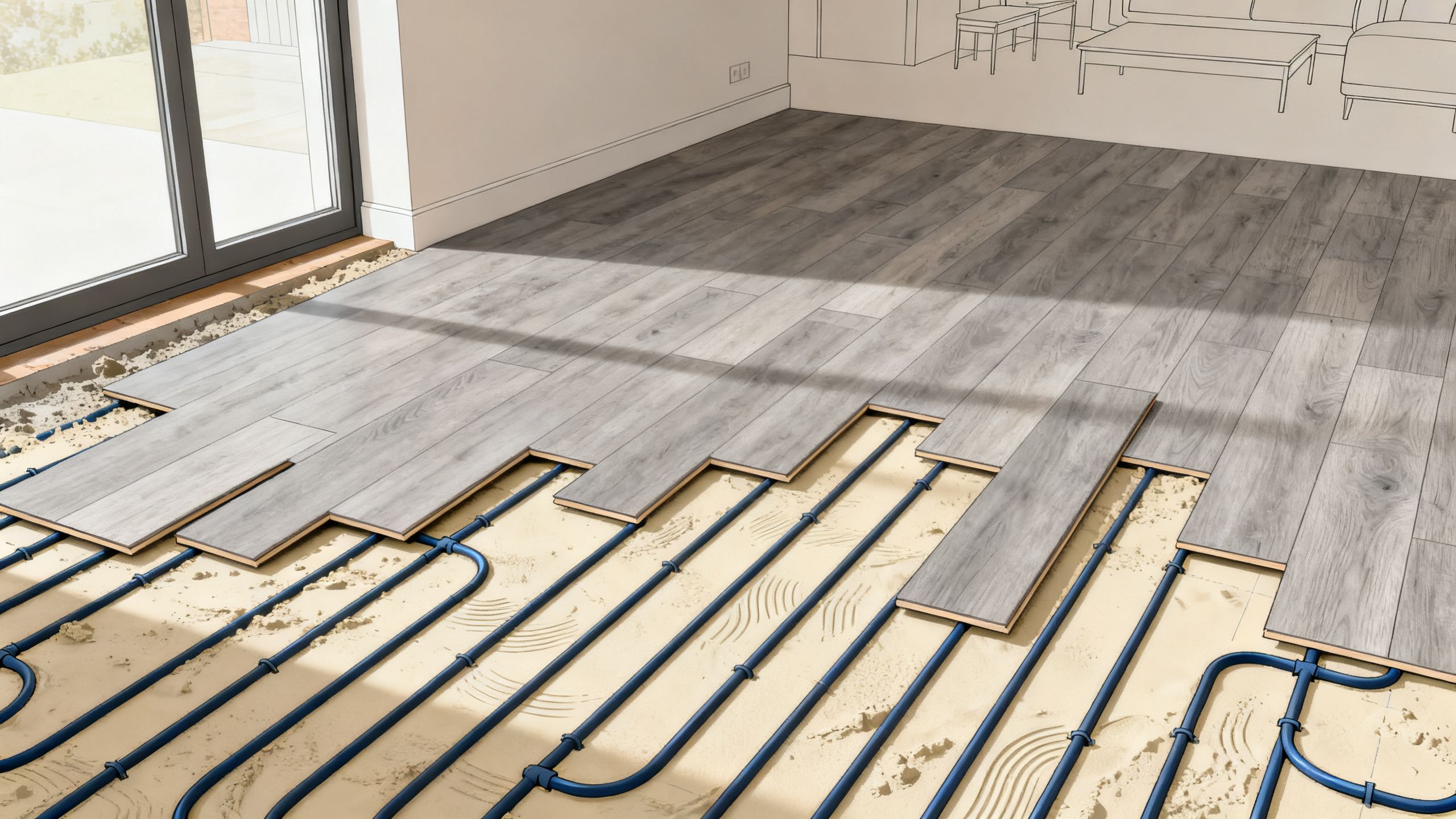 Illustrative modern Bristol new-build with LVT being fitted over prepared screed above an underfloor heating system