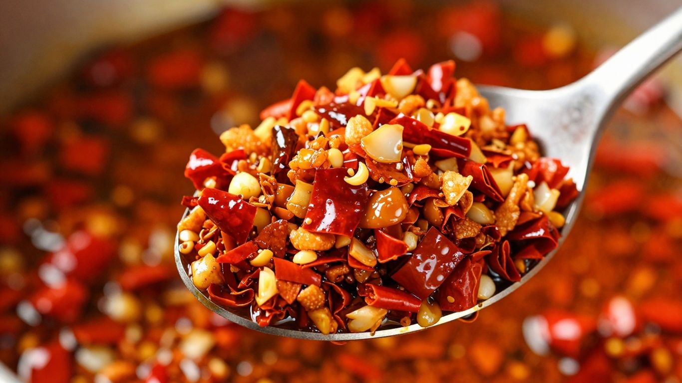 Spoonful of chili crunch condiment