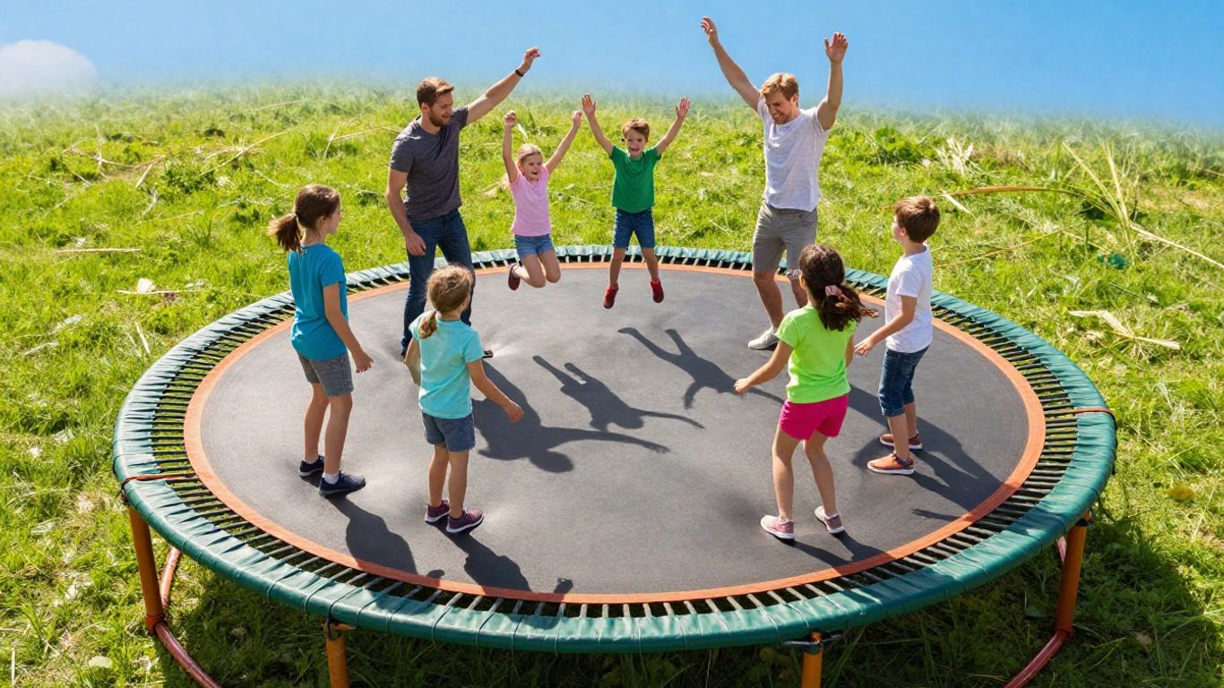 Family having fun on an outdoor trampoline.