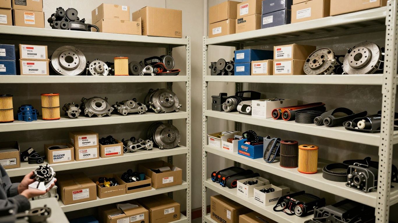 Organized workshop shelves with automotive components