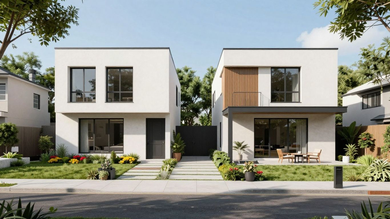 Modern dual occupancy home with two entrances and landscaping.
