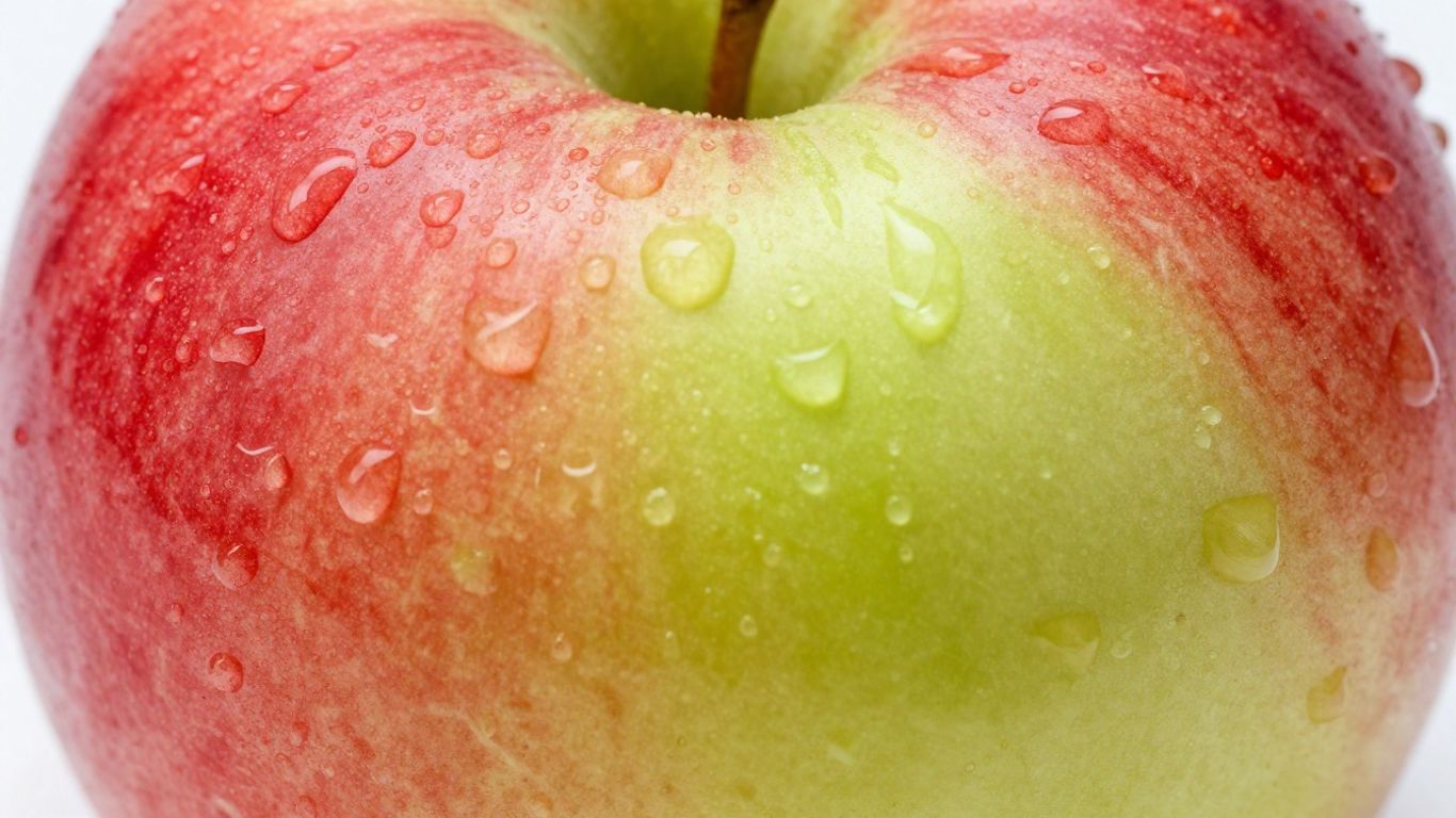 Ein Apfel, halb rot, halb grün, mit Tautropfen.