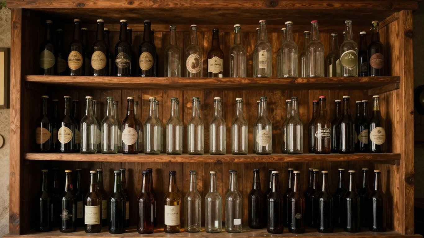 A wooden shelf full of various French craft bottles