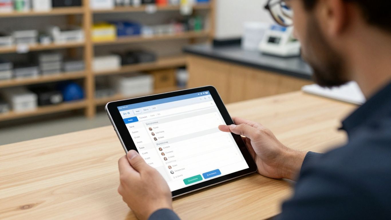 Technician scheduling software interface on a tablet.