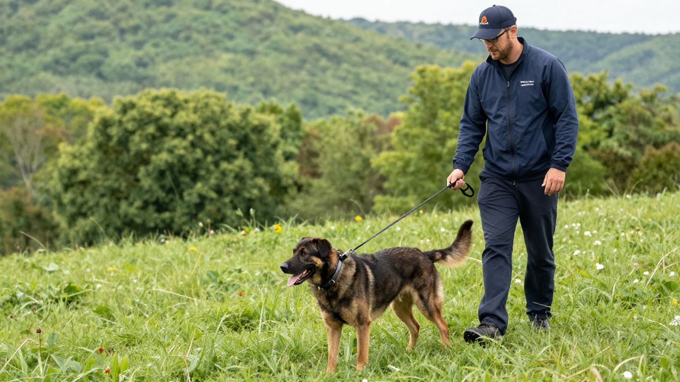 Dog and handler training outdoors with e-collar.