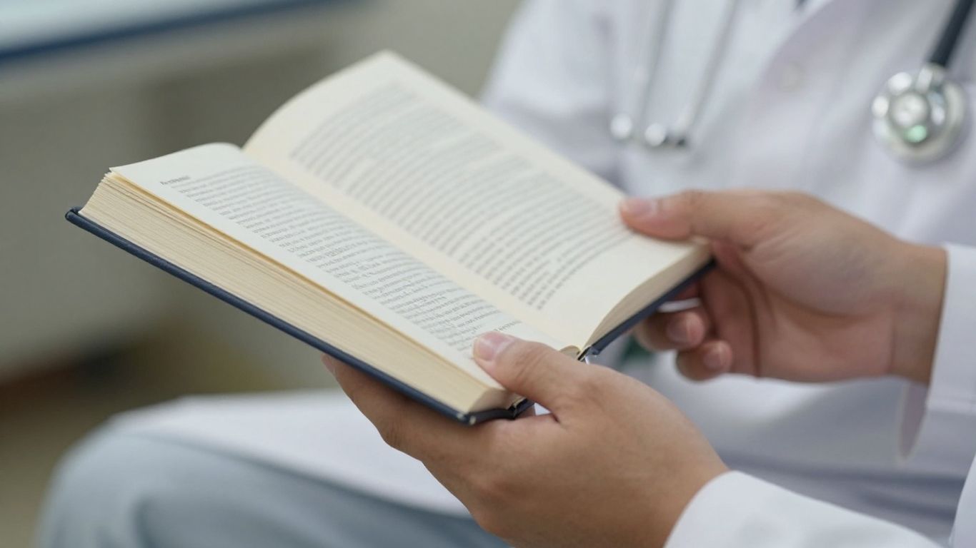 Mâini de medic ținând o revistă medicală deschisă.