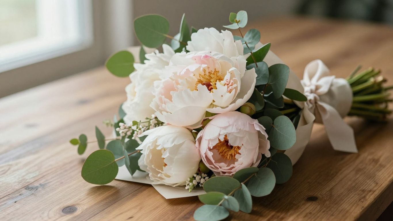 Blush peony bouquet with eucalyptus foliage