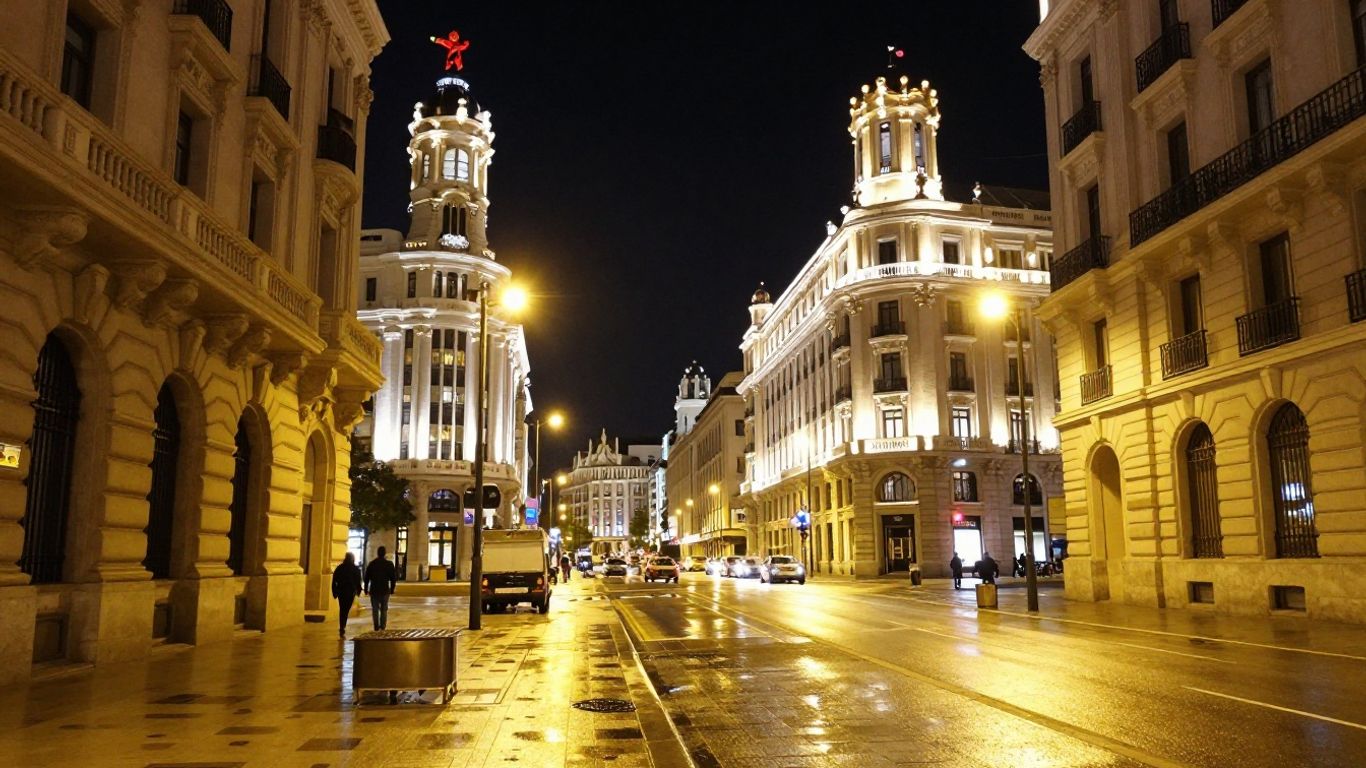 Night view of the lively Gran Via