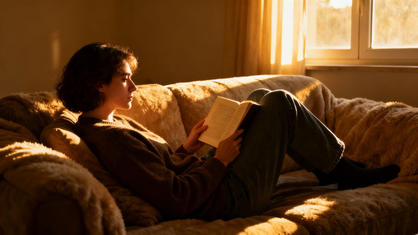 Person relaxing comfortably on a couch, enjoying a quiet moment.