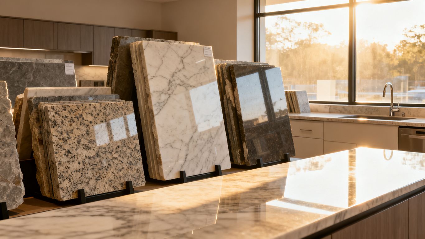 Modern kitchen showroom featuring granite