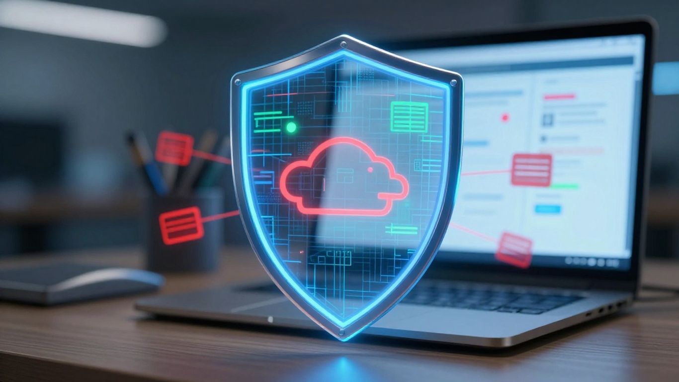 Digital shield protecting business data from cyber threats.