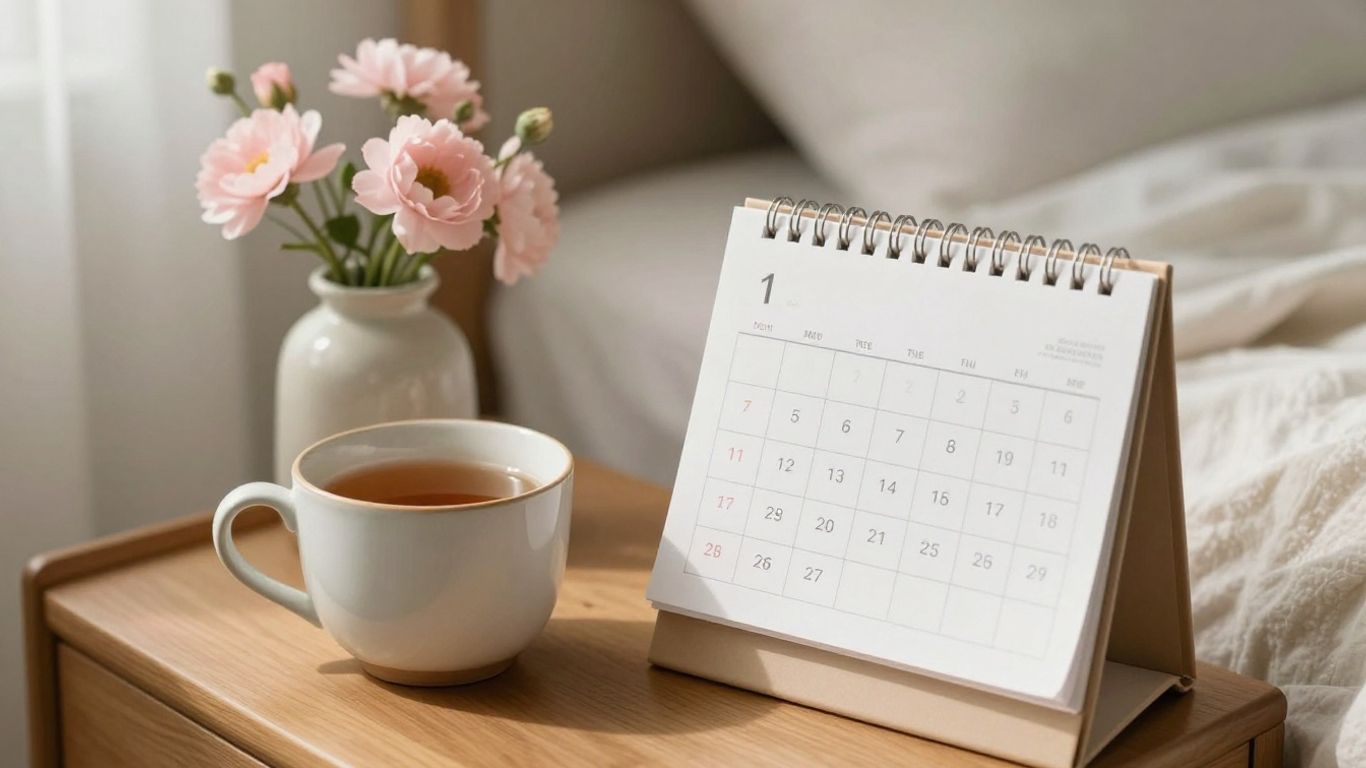 Calendário menstrual ao lado de uma xícara de chá