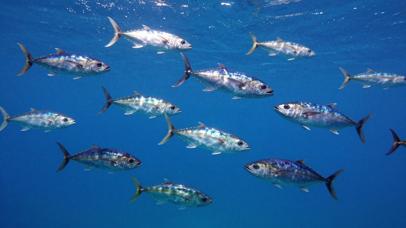Peixes pelágicos coloridos nadando em oceano azul cristalino.