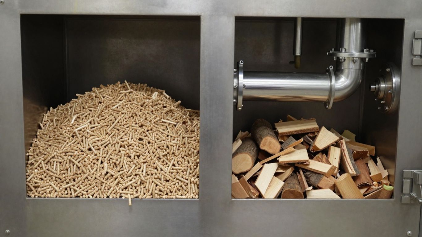 Chaudière biomasse avec pellets, bûches et plaquettes.