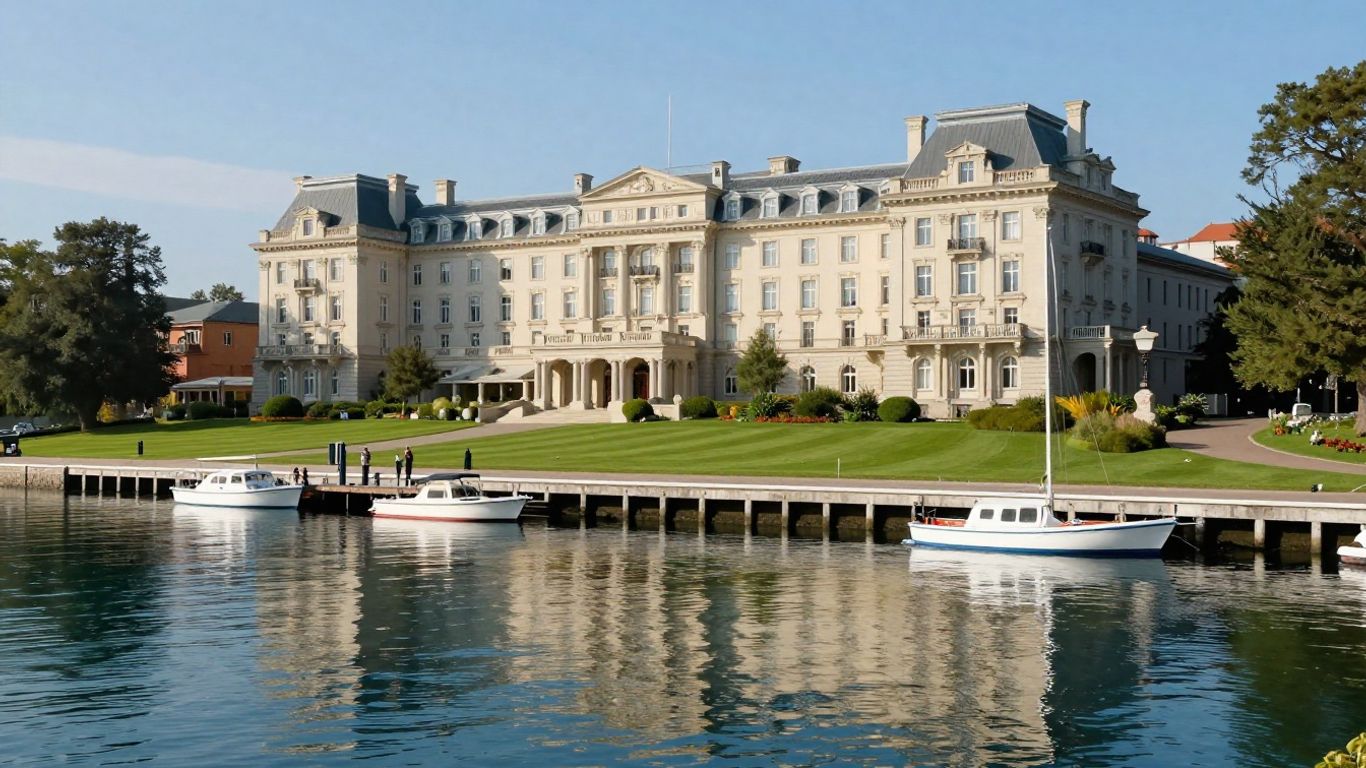 Historic hotel on a calm waterfront with boats.
