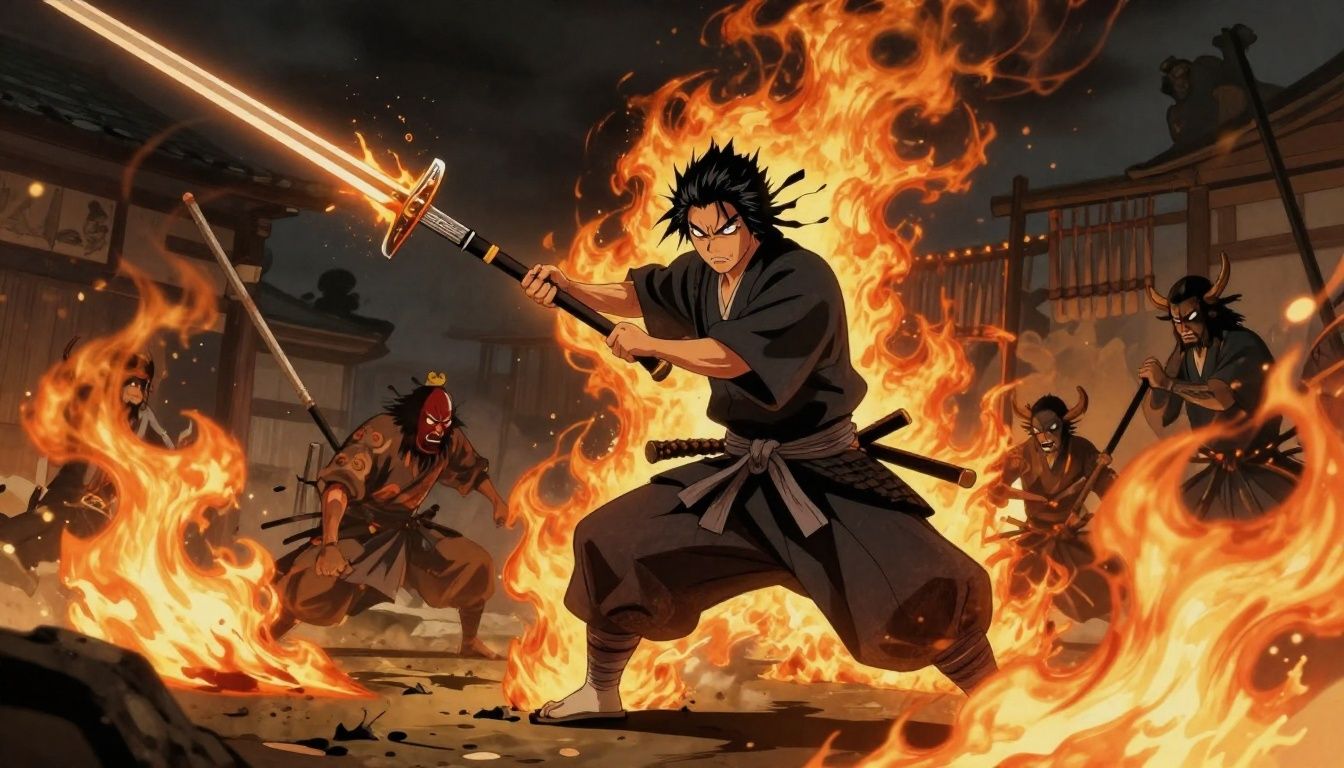Um samurai lendário enfrentando um yokai imponente com chamas mágicas em um cenário de batalha feudal japonês