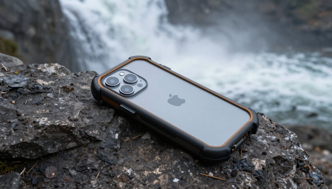 An iPhone 14 Pro Max in a rugged waterproof case resting on a rocky ledge during a hike, with a misty waterfall in the background