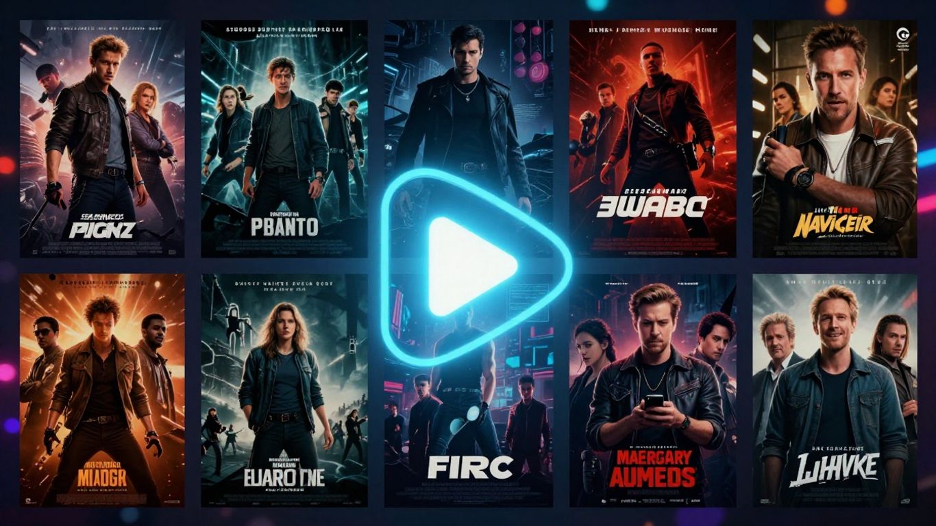 Pôsteres de filmes e logos de streaming com botão de play.