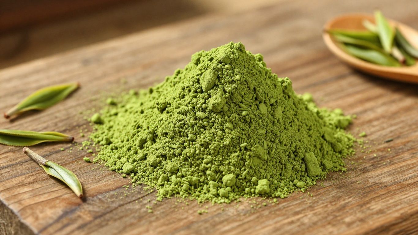 Matcha powder and green tea leaves on a wooden surface.