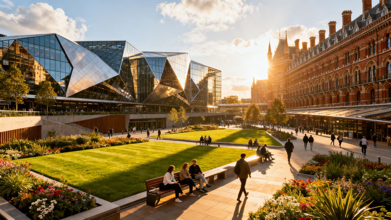 St Pancras Square plaza with modern buildings and greenery.