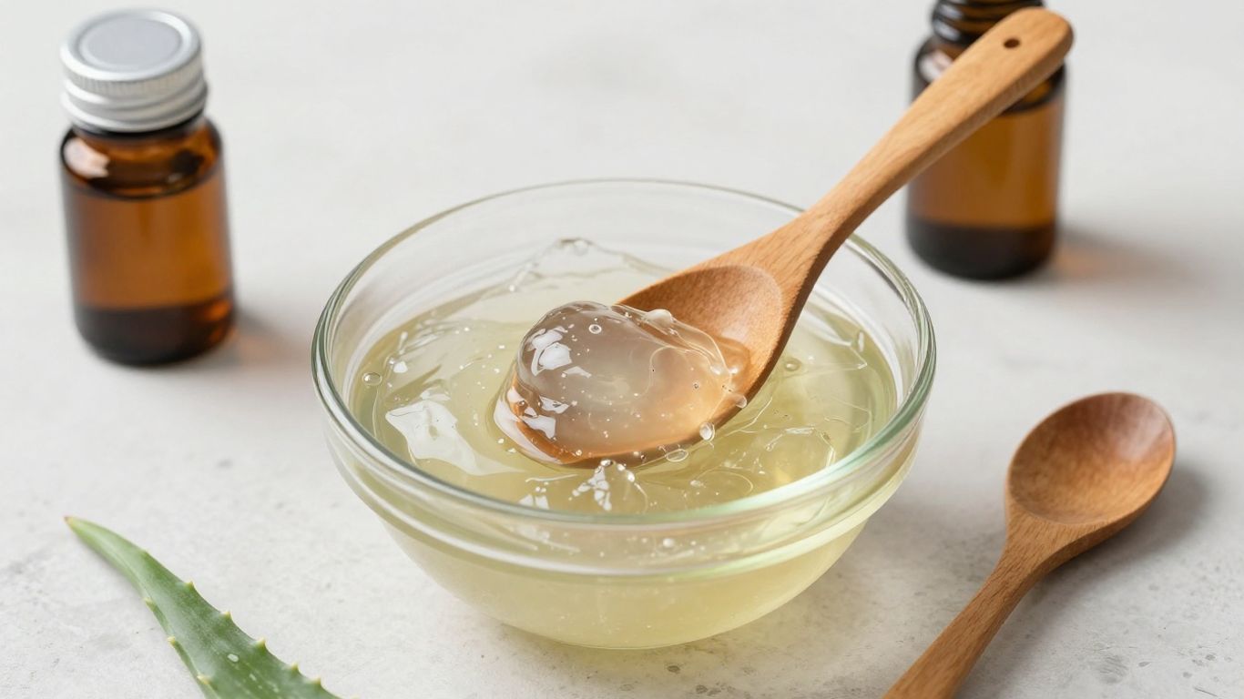 A close-up of natural oils and aloe gel