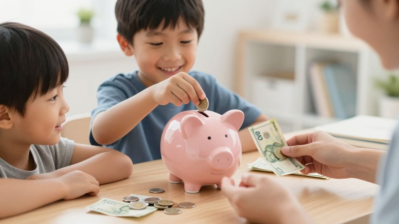 Niño y padre con dinero y alcancía.
