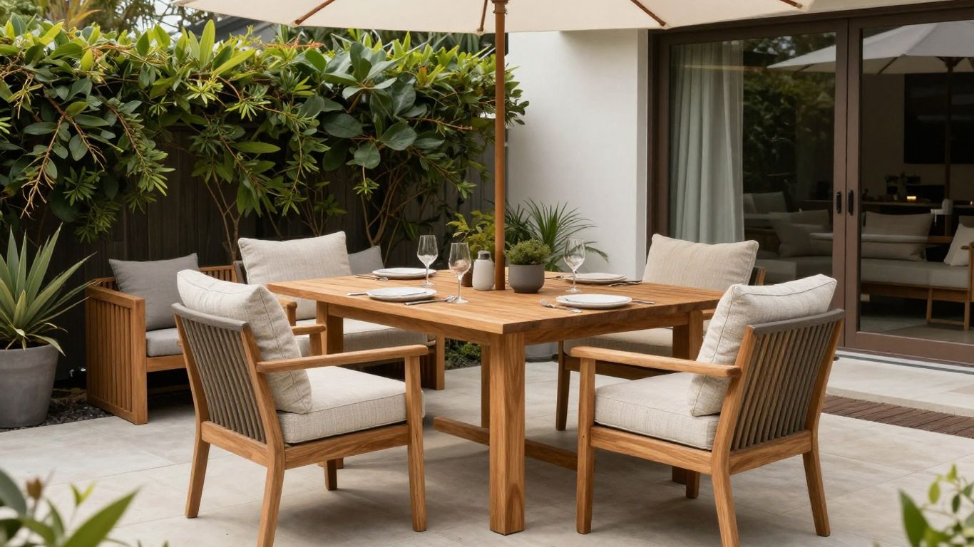 Comfortable outdoor chairs around dining table