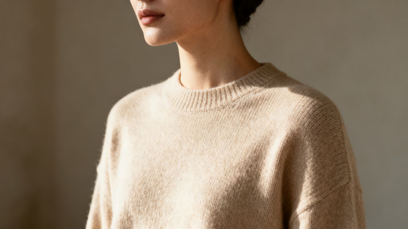 Minimalist beige knit sweater, subtle fashion trend.