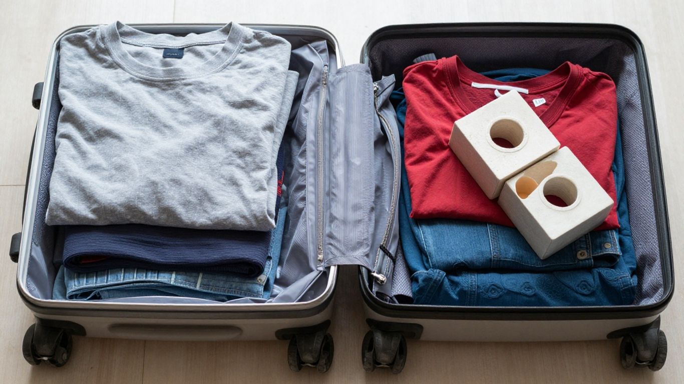 Open luggage cases showing wheel housing differences
