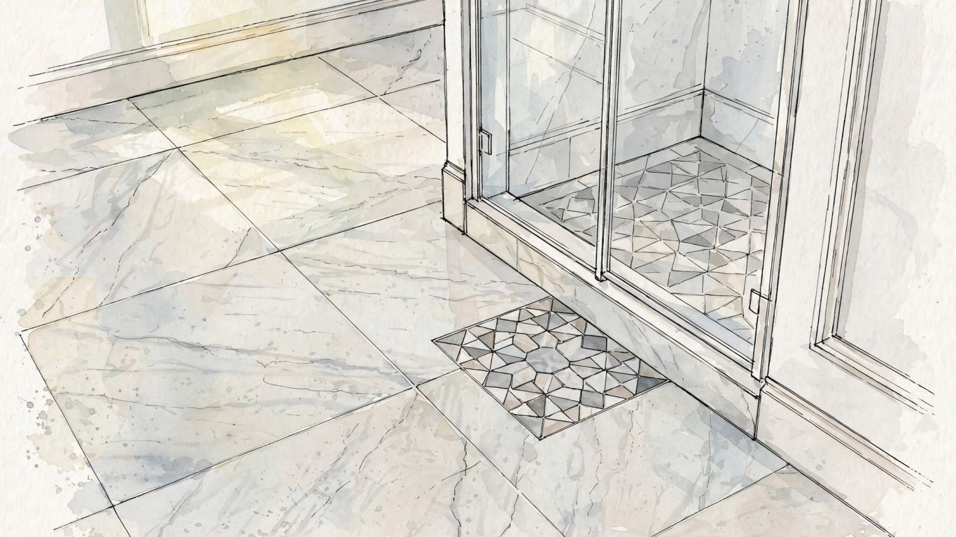 Ilustración del piso de un baño con baldosas de piedra veteada