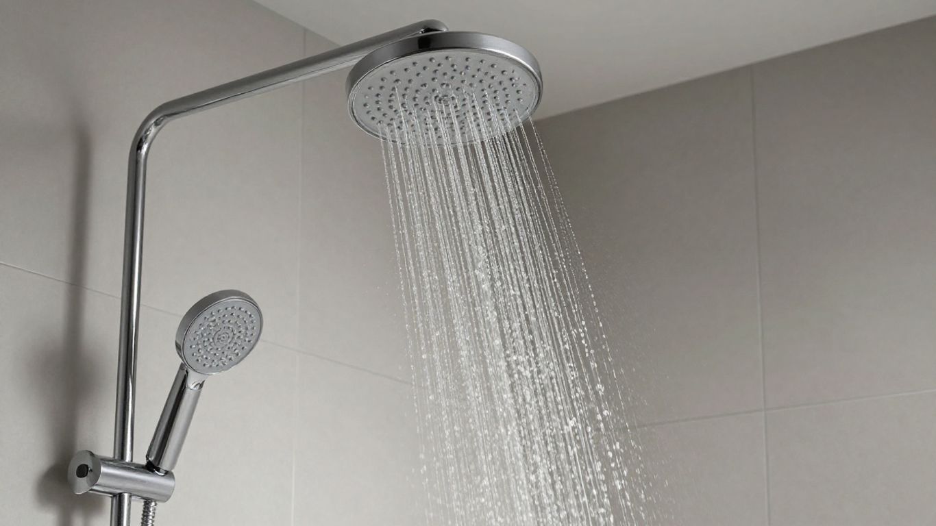 Modern thermostatic rain showerhead with cascading water.