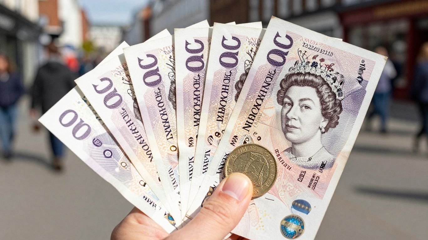 British pounds being held, UK high street background.