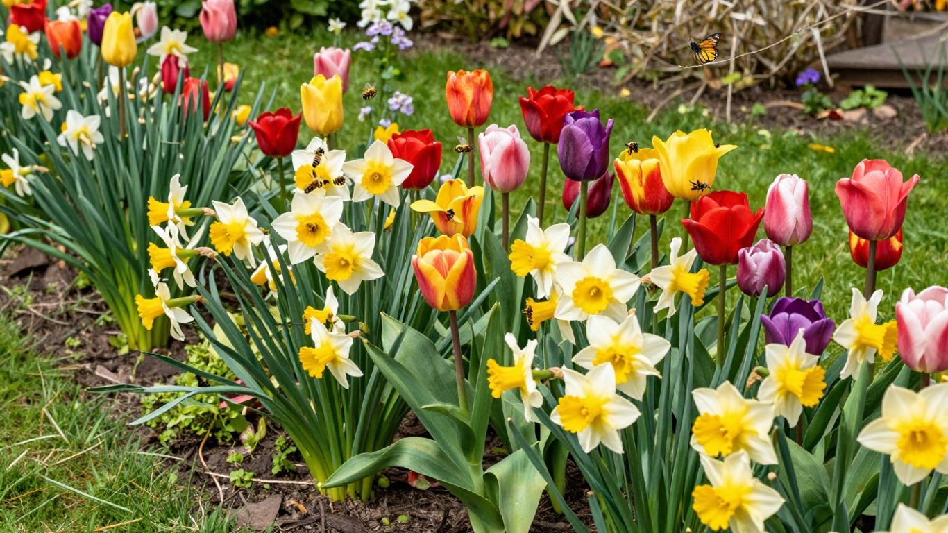 Bienen und Schmetterlinge auf bunten Frühlingsblumen im Garten.