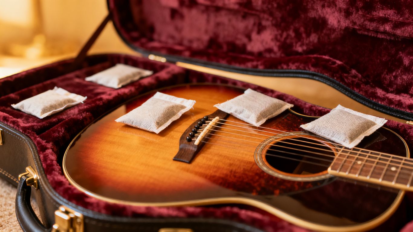 A wooden guitar resting inside a plush-lined hardshell case.