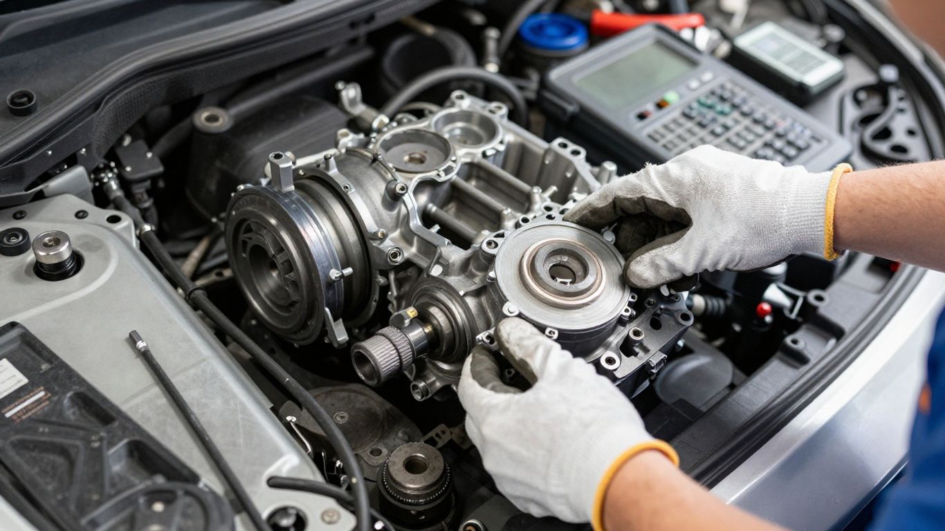 Mechanic inspecting Audi A3 replacement component