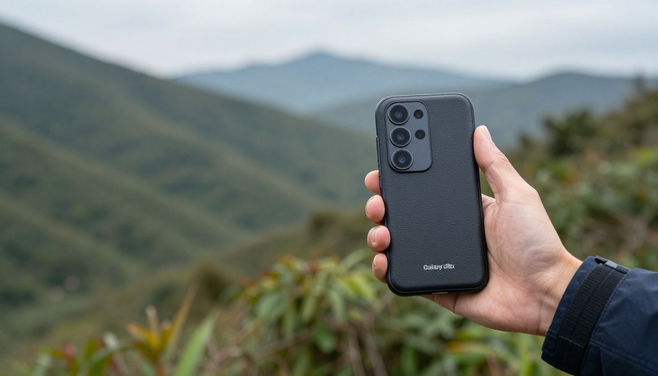 A person hiking in the Blue Mountains, taking a photo of the scenery with their Galaxy S26 Ultra, which is in a slim but durable travel case.