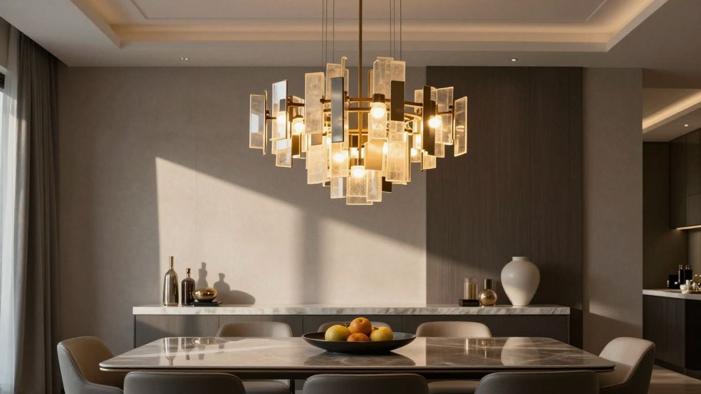Contemporary dining chandelier above a modern dining table.