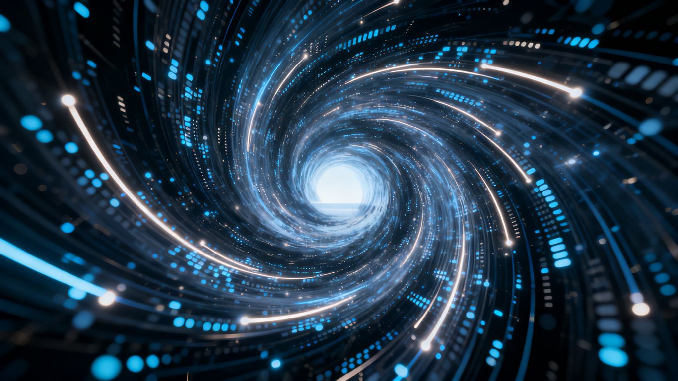 Abstract data streams moving towards a bright future horizon.
