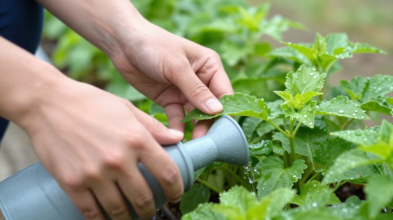 Gärtner gießt eine Pflanze im Frühling