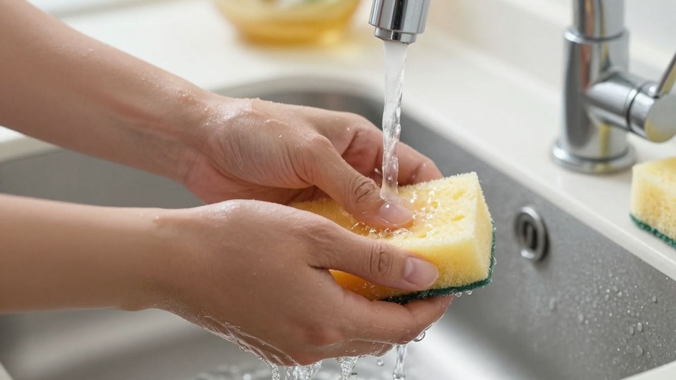 Mains lavant la vaisselle à l'eau chaude dans un évier.