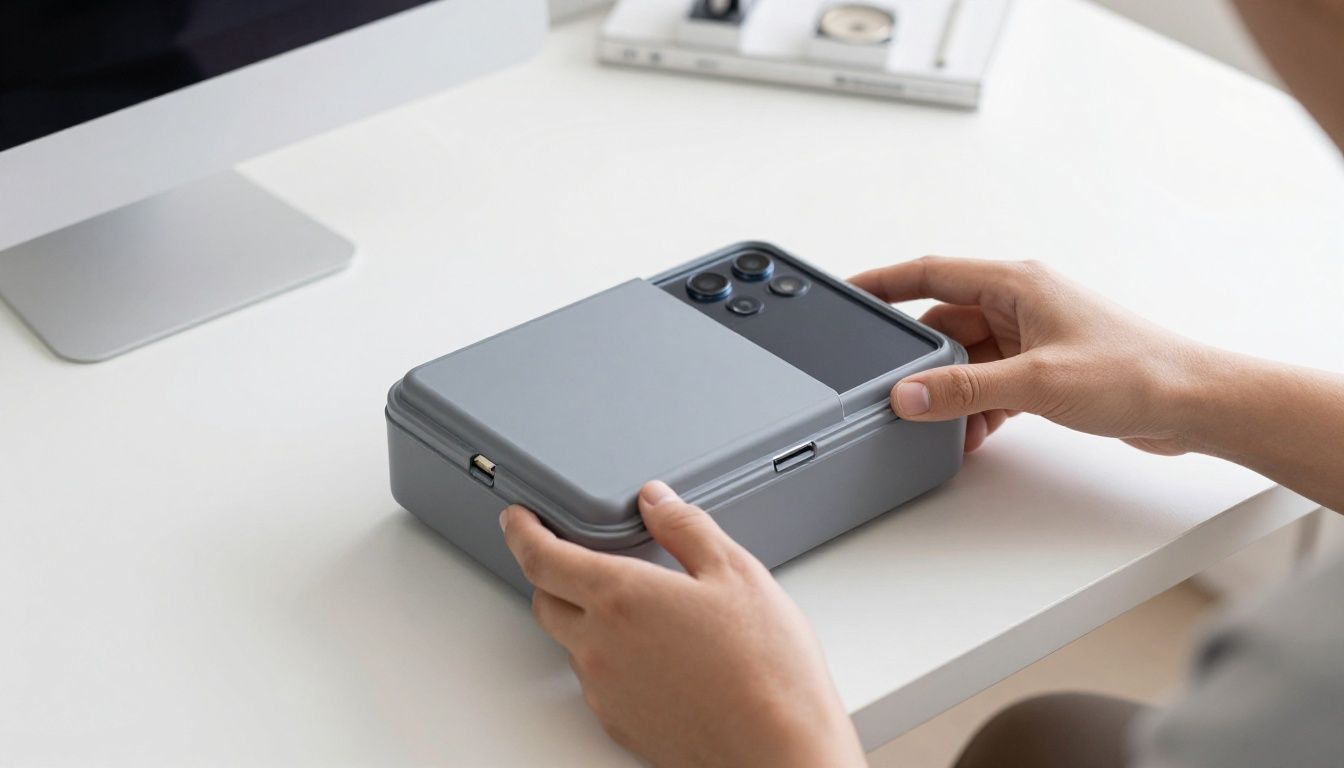 A person carefully placing their Galaxy S23 Ultra into a protective case, with a clean, modern desk in the background.