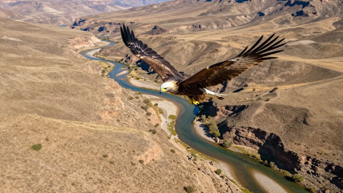 Drone view of eagle flying over canyon and river.