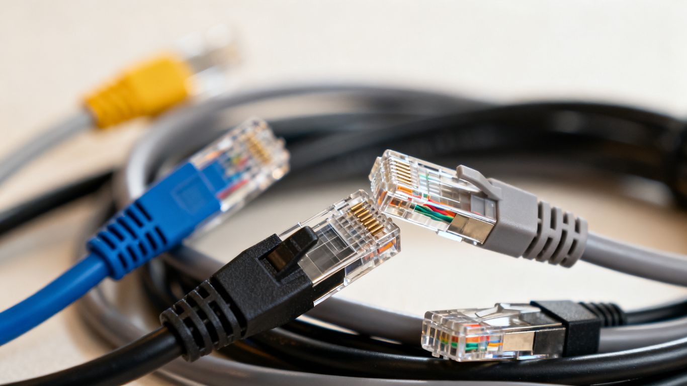 Various Ethernet cables with different connector types.