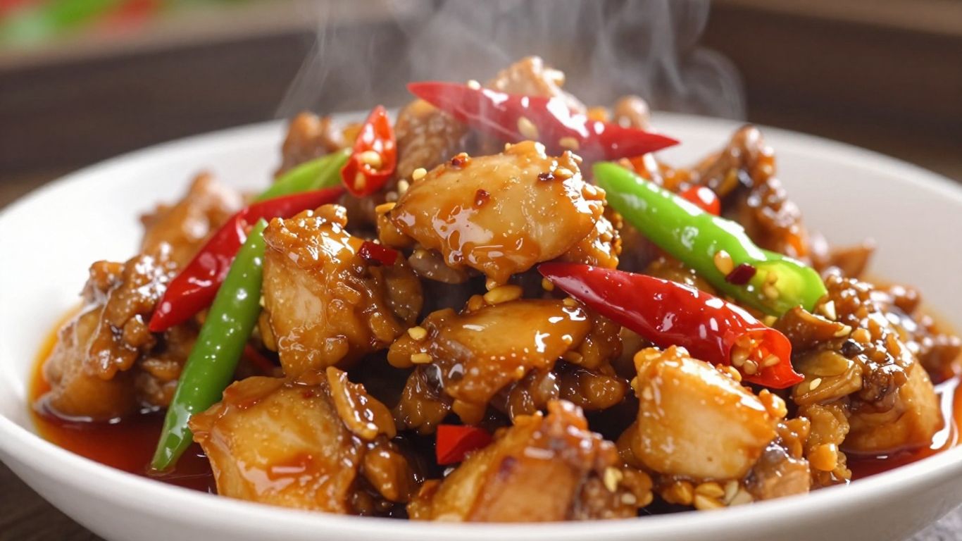 Spicy Chinese Chilli Chicken dish with chillies and green onions.