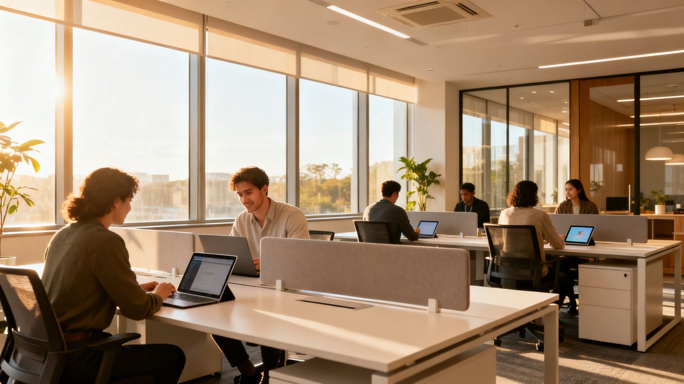 Modern office interior with collaborative workspaces and natural light.