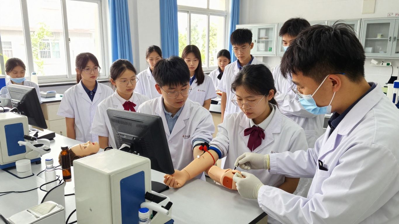 Students learning phlebotomy in a lab setting.