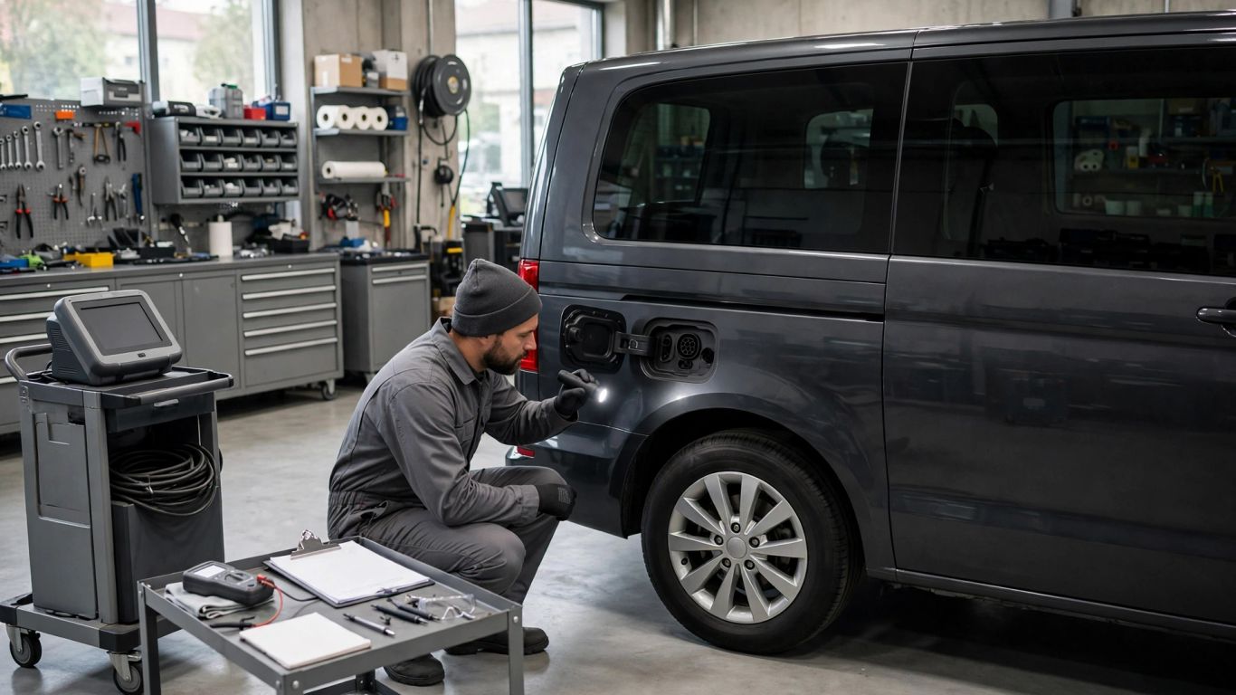 VW T7 Hybrid bei einer Prüfung in der Werkstatt