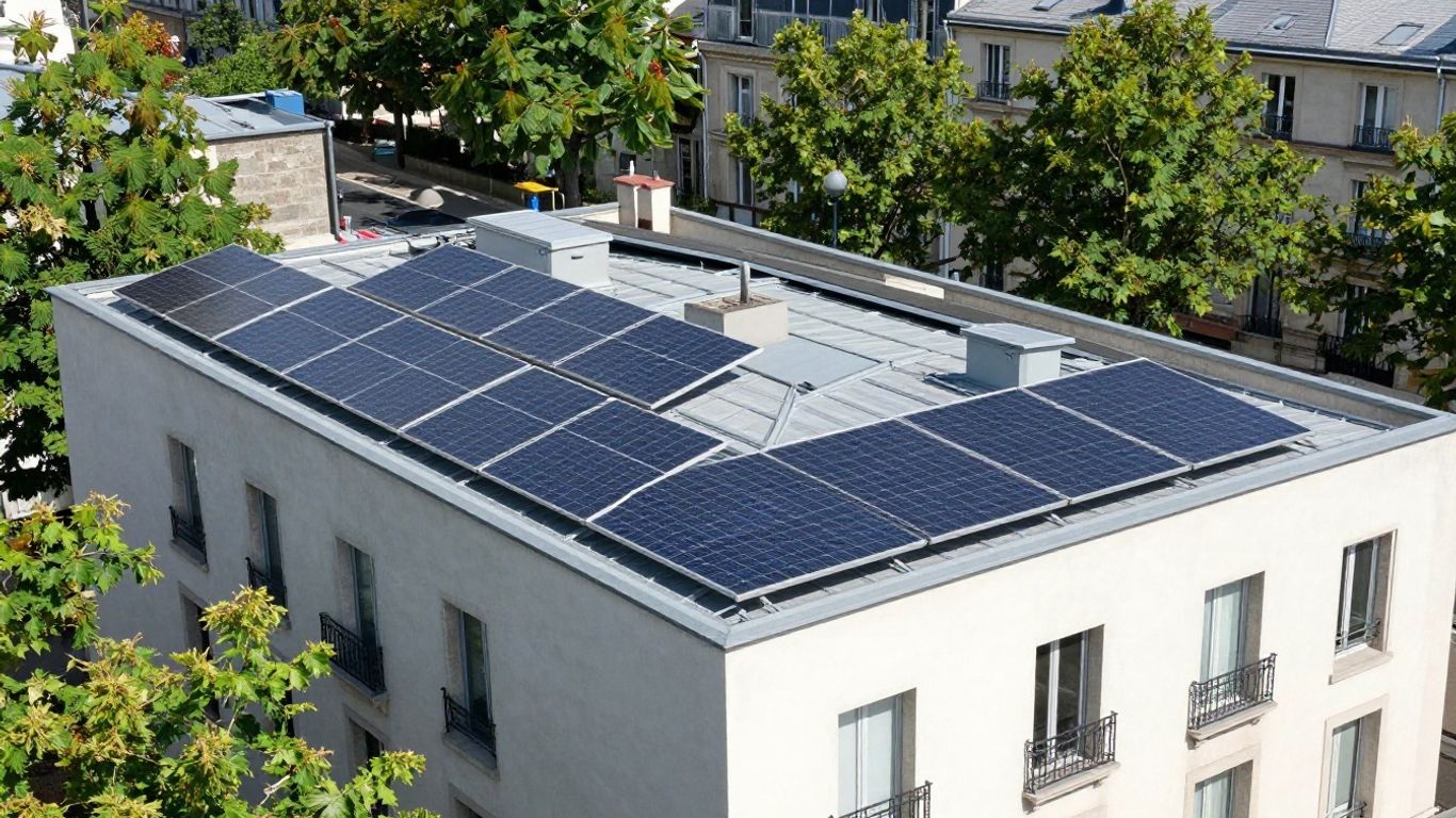 Panneaux solaires sur un toit d'immeuble parisien ensoleillé.